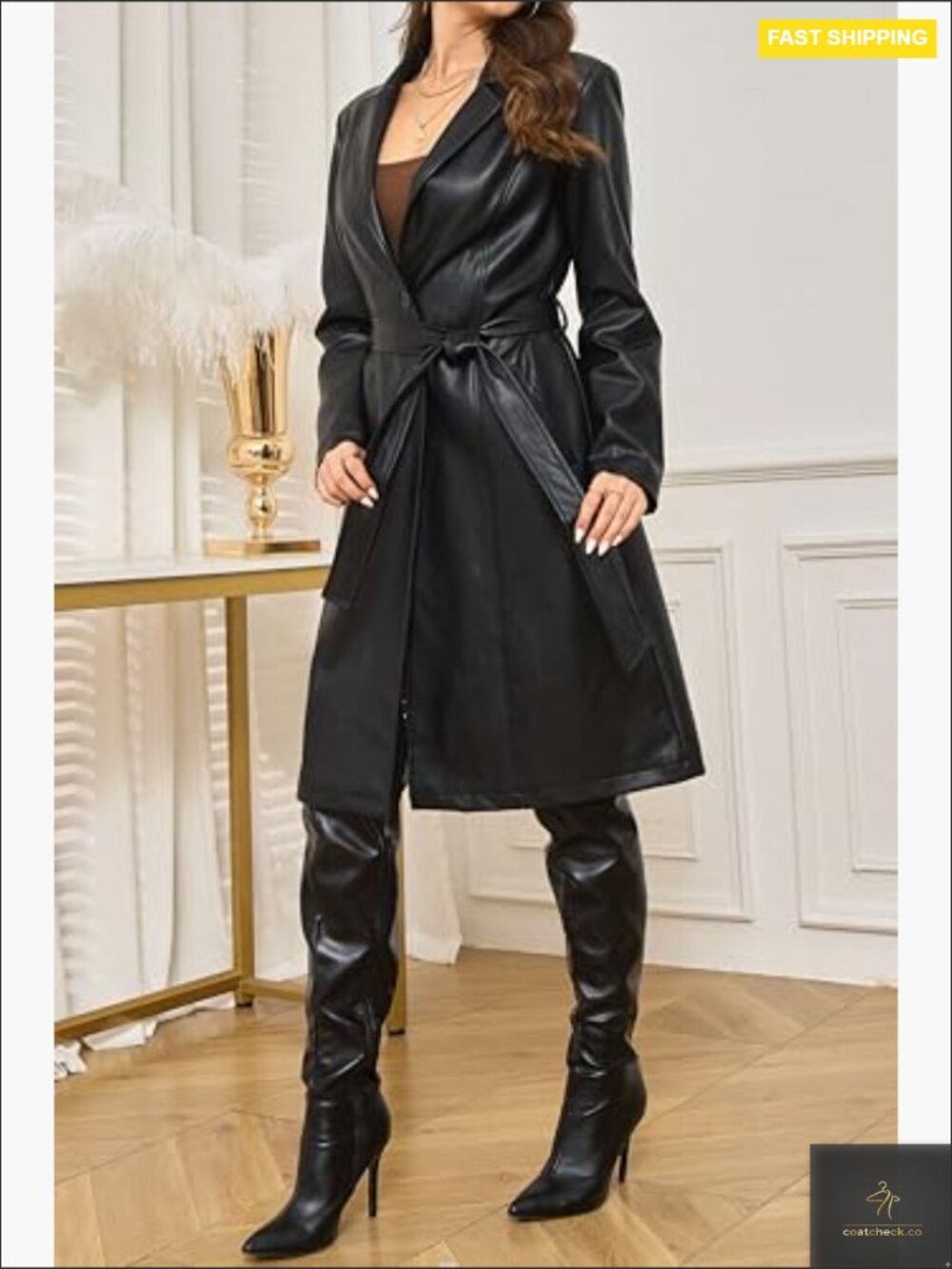 Faux Leather Trench Coat Long Sleeve Motorcycle Biker Belted Overcoat - Picture 3 of 7